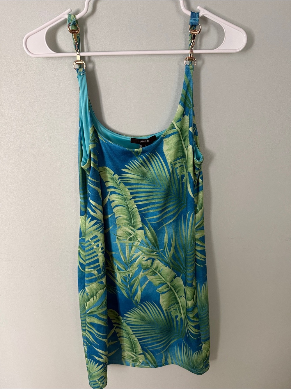 NWT Forever 21 Junior fit Teal& Green Tropical Print Sleeveless Dress Size Large